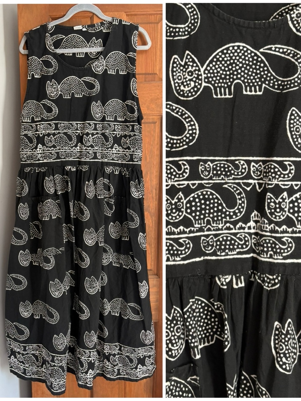 Vintage Large Novelty Cat Lady Print 100% Cotton Pullover Pinafore Sun Dress A16